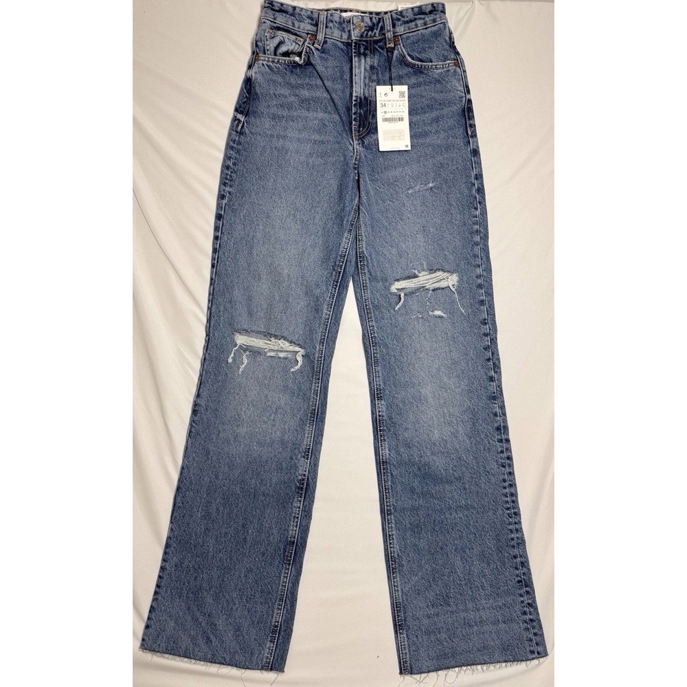 NWT Zara High Rise Full Length Wide Leg Blue Jean Denim Womens Size 2‎